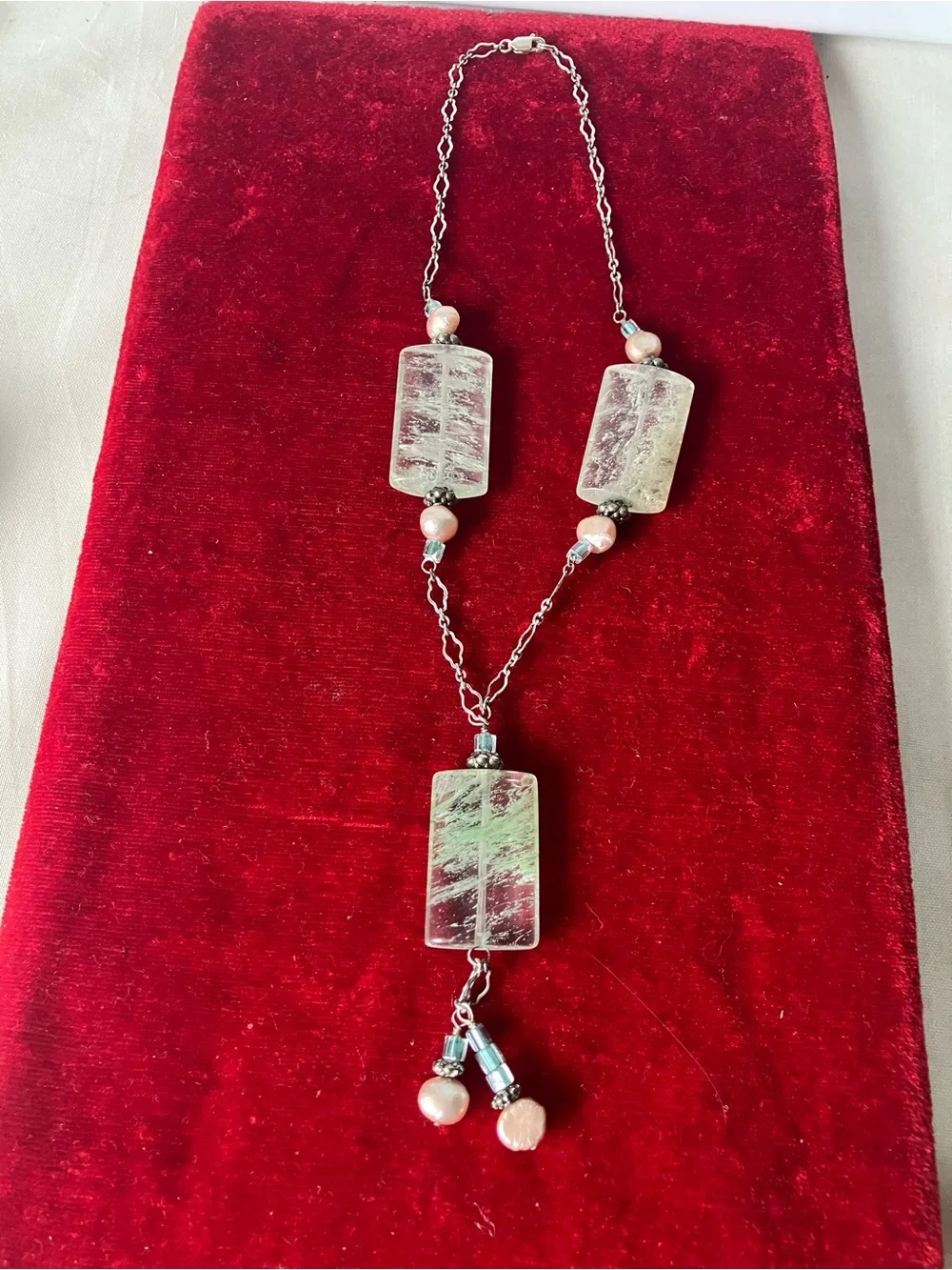 Artisan 925 Sterling Silver Green Rutilated Quartz Cultured Pearl Y-Necklace.